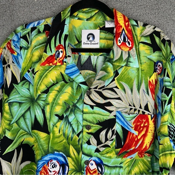 Ocean Current Shirt Mens Large Green Vintage Hawaiian Tropical Palm Tree Parrot - Picture 5 of 8